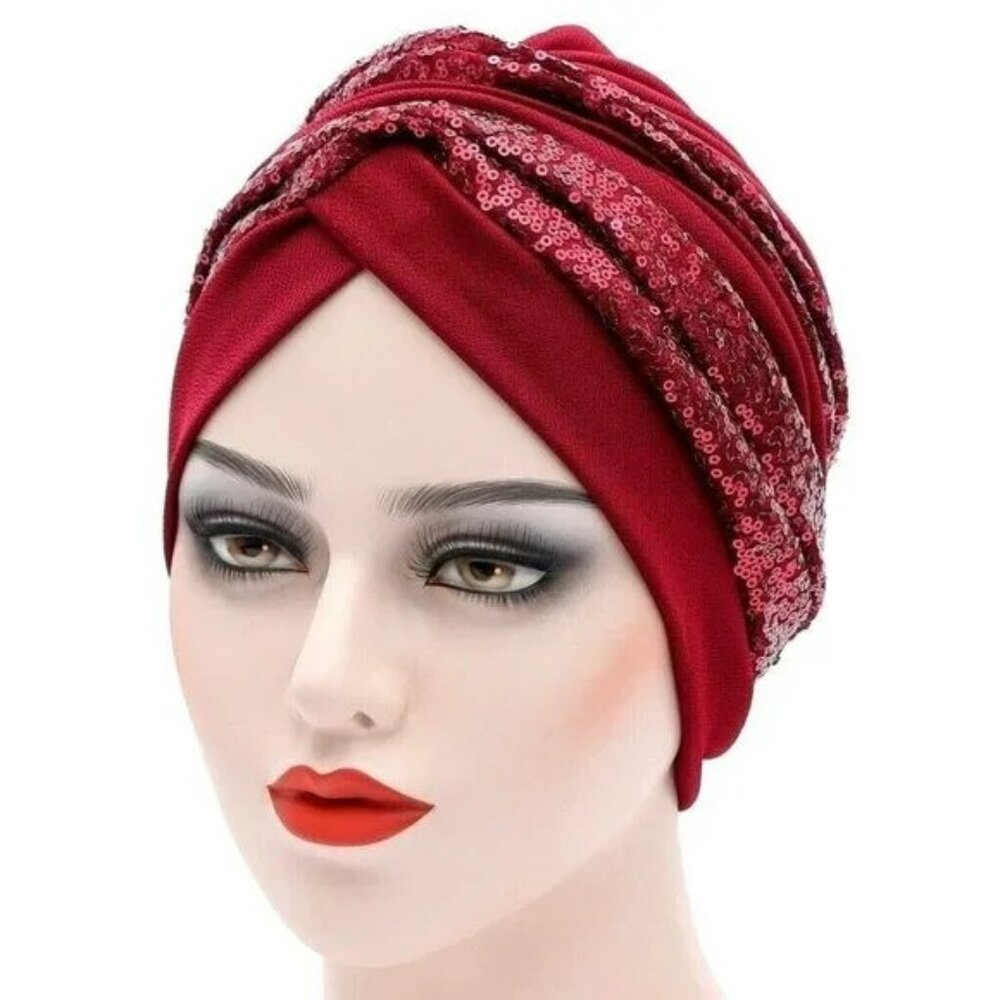 Royal Blue & Burgundy Sequin Glitter Turban Women Head Wraps Hat Gift - Picture 2 of 2